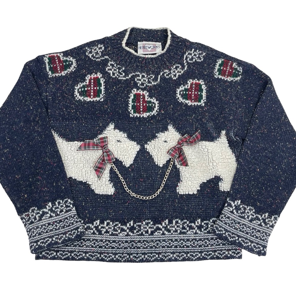 Vintage Heartworks Sweater Scottie Dog Kids 7/8 Navy Blue Hearts Plaid Bows Knit